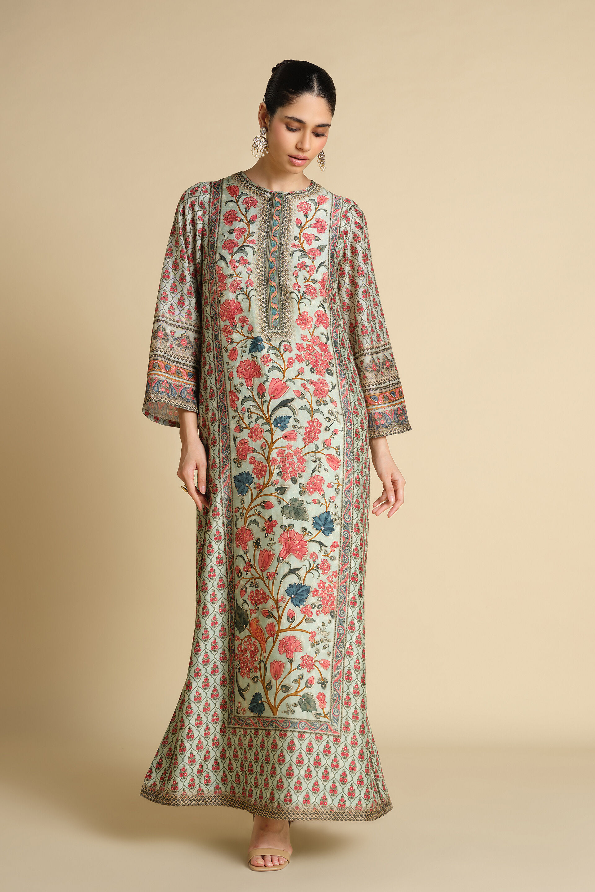 Azza Printed Silk Kaftan - Sage
